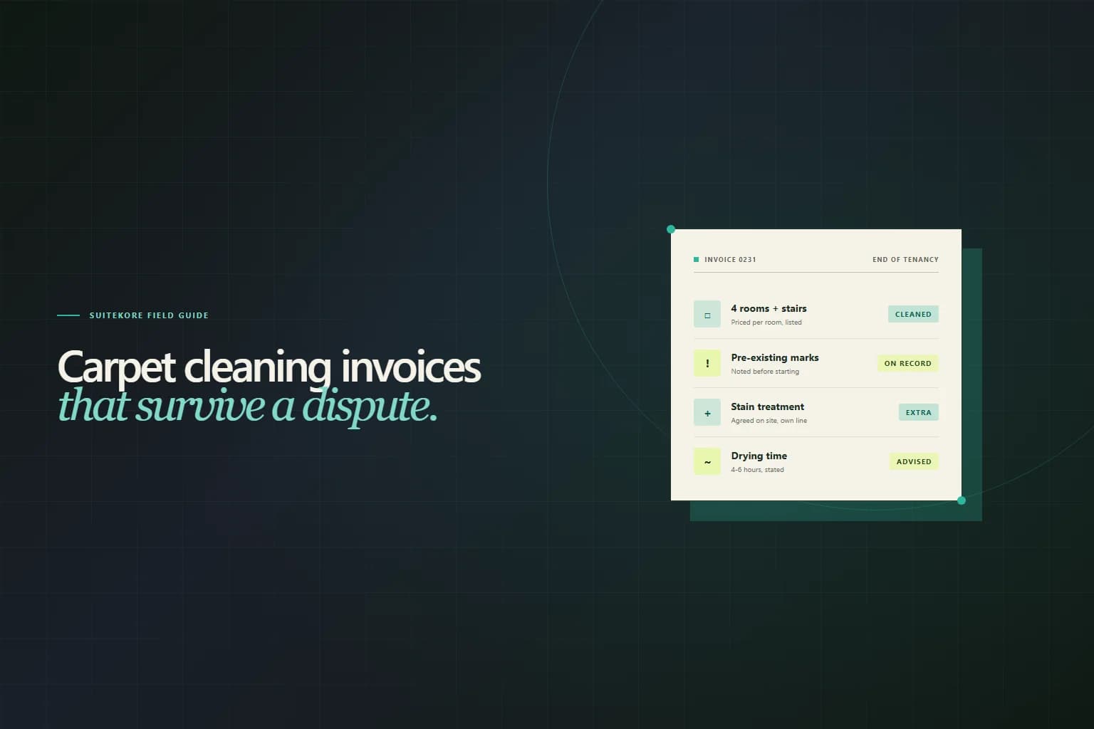 Editorial card showing a carpet cleaning invoice for an end of tenancy job with rooms priced individually, pre-existing marks recorded, a stain treatment on its own line and drying time stated