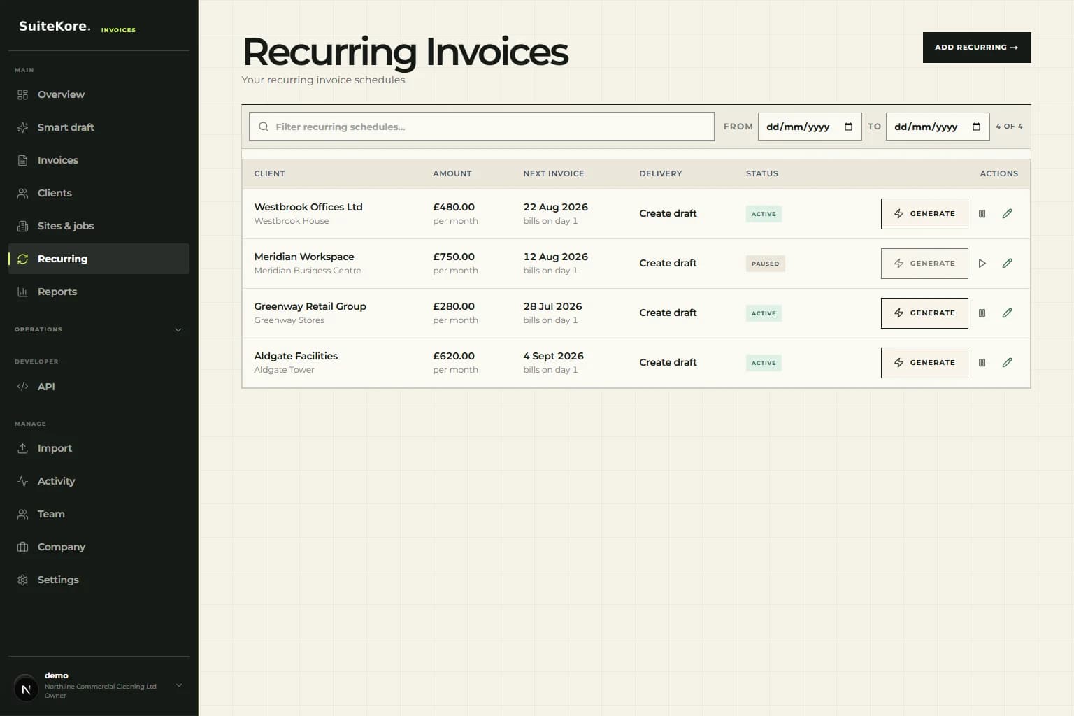 Suitekore recurring invoices screen showing cleaning clients, sites, monthly amounts, next invoice dates, delivery choices and schedule status