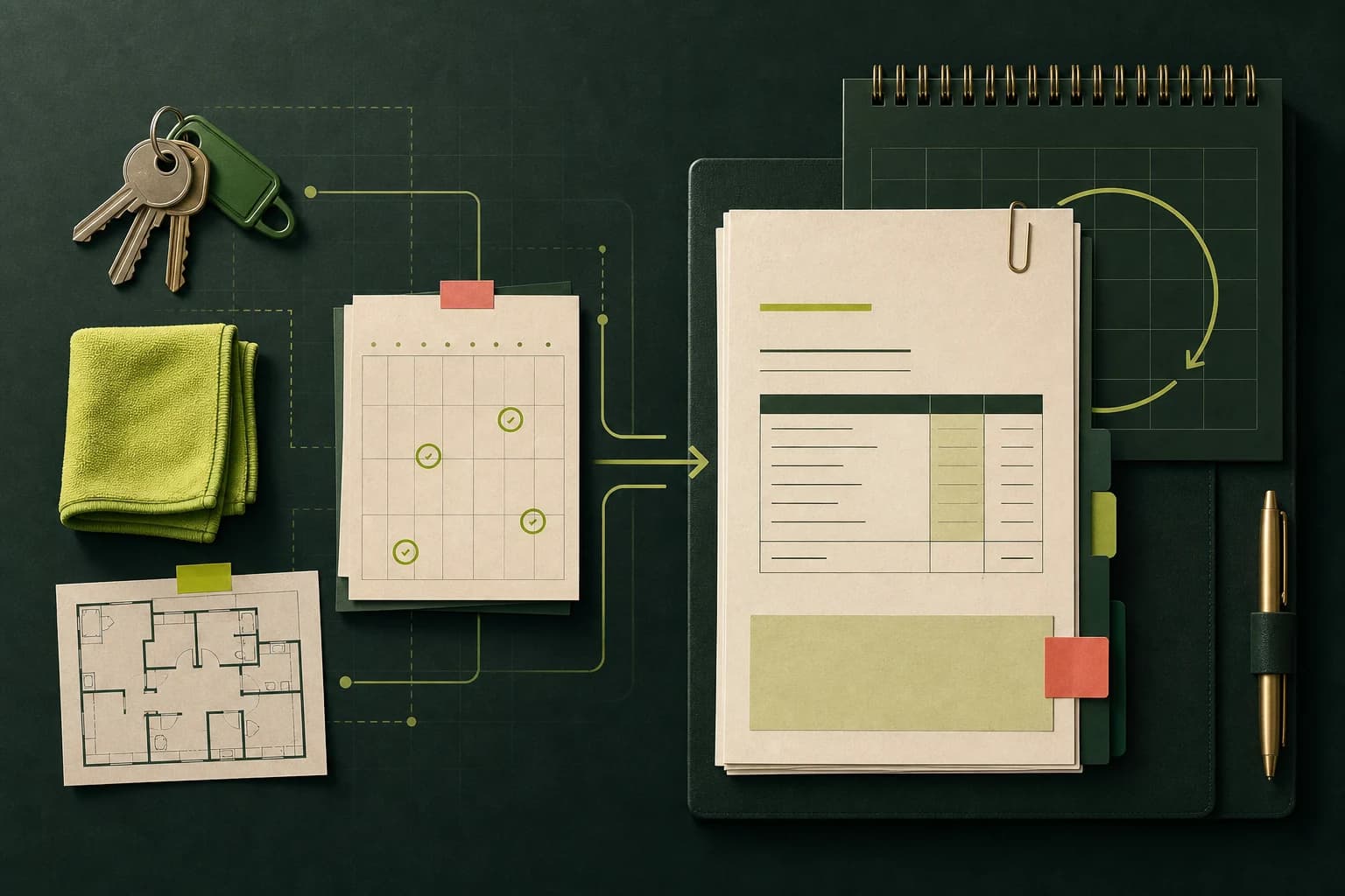 Editorial desk scene connecting cleaning-site keys, a service calendar and floor plan to an organised monthly invoice