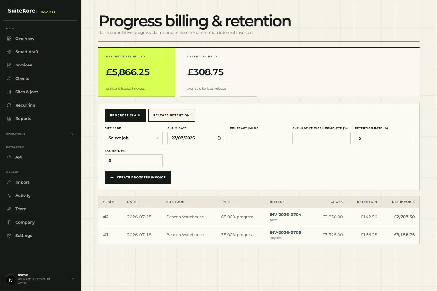 Suitekore progress billing screen showing cumulative electrical work claims, retention held, linked invoices and net invoice values