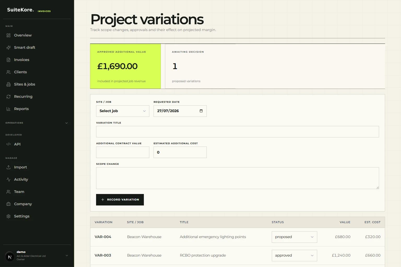 Suitekore project variations screen showing proposed and approved electrical scope changes with additional value and estimated cost