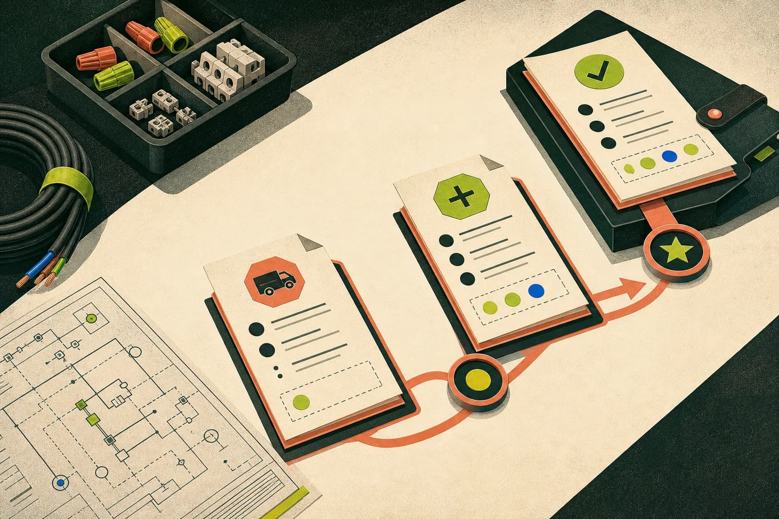 Editorial electrical workbench illustration showing an initial job, approved extra work and final billing stages connected in sequence
