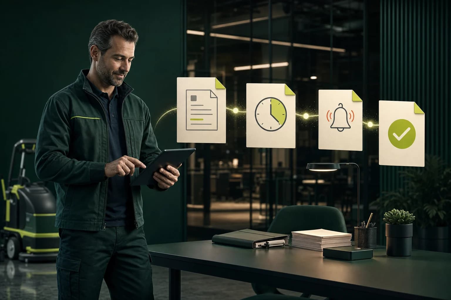 Commercial cleaning business owner following an invoice, due date, reminder, and paid workflow on a tablet