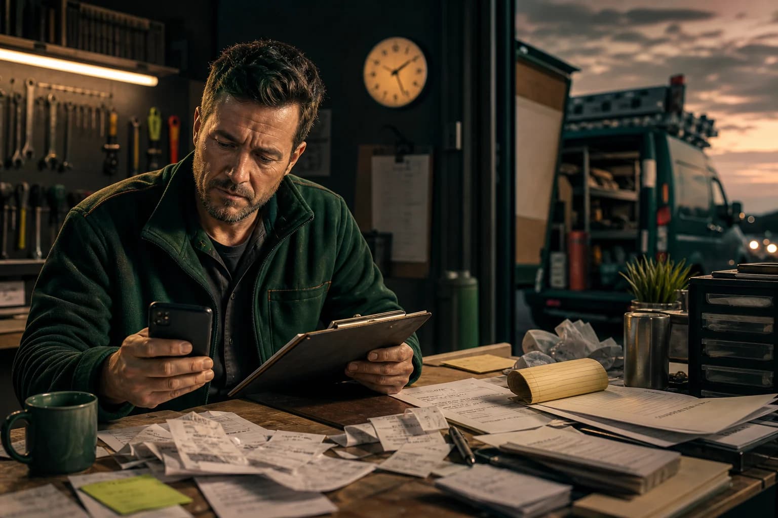 Busy field service business owner reviewing job paperwork, receipts, and unfinished admin after a full day of work