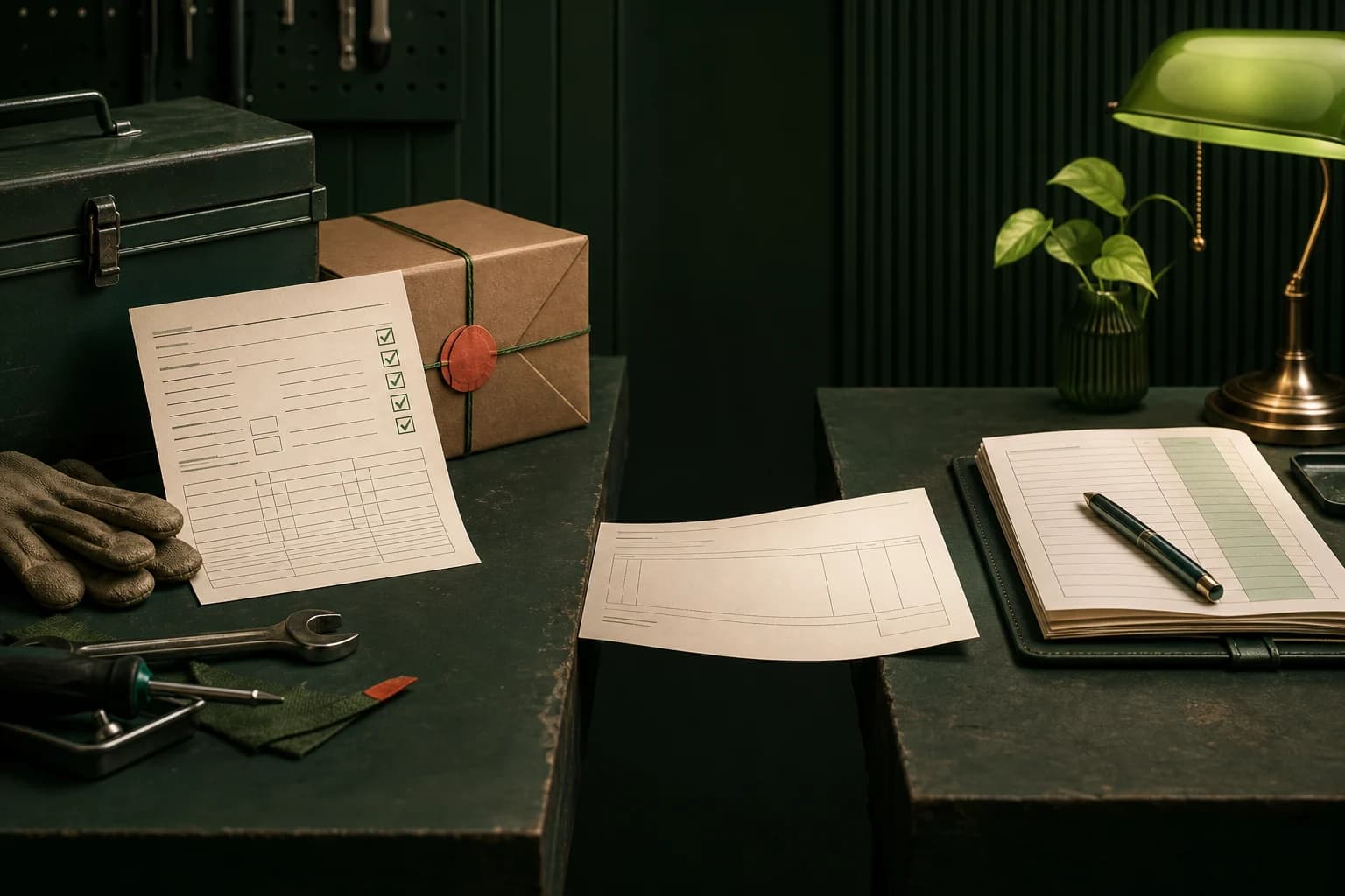 Completed job paperwork and tools separated from an organised payment ledger by an unfinished invoice