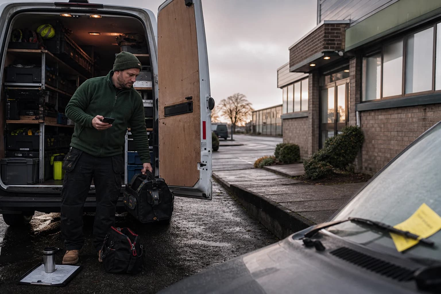 Field service professional loading an unbranded van before a commercial job while checking travel and job details