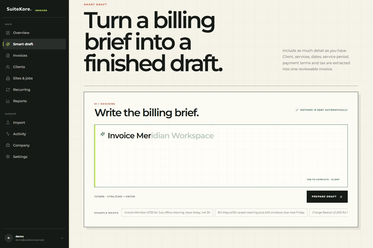 Suitekore Smart draft completing a saved client name inside its AI invoice generator