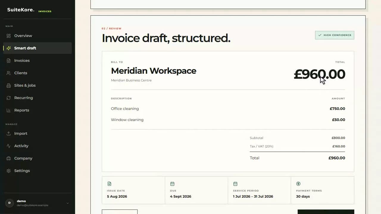 Suitekore Smart draft review showing the matched client, two invoice lines, VAT, total, dates, service period, and payment terms