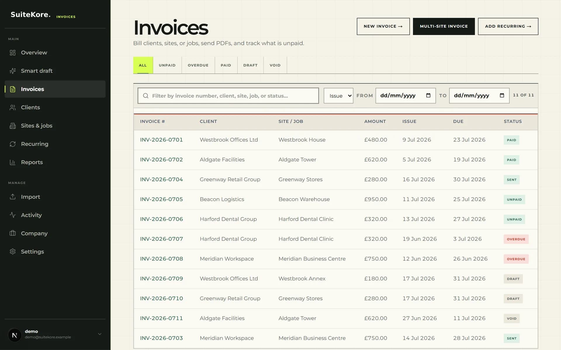Suitekore invoices list showing client names, invoice totals, due dates and payment statuses in one desktop view