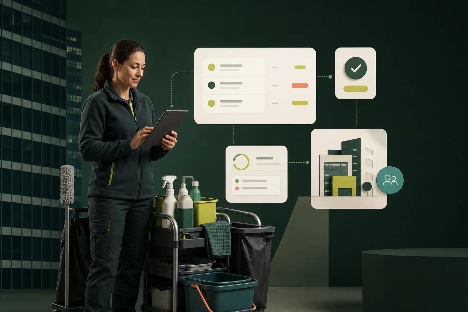 Commercial cleaner using a tablet beside a cleaning trolley and an organised digital invoice workflow