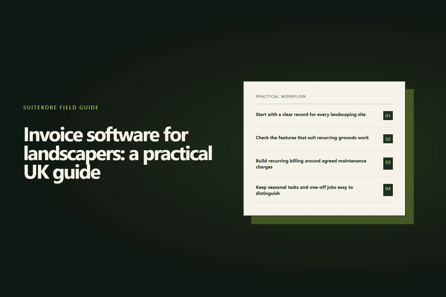 Landscaping contractor reviewing recurring client sites, invoice schedules and payment statuses in Suitekore