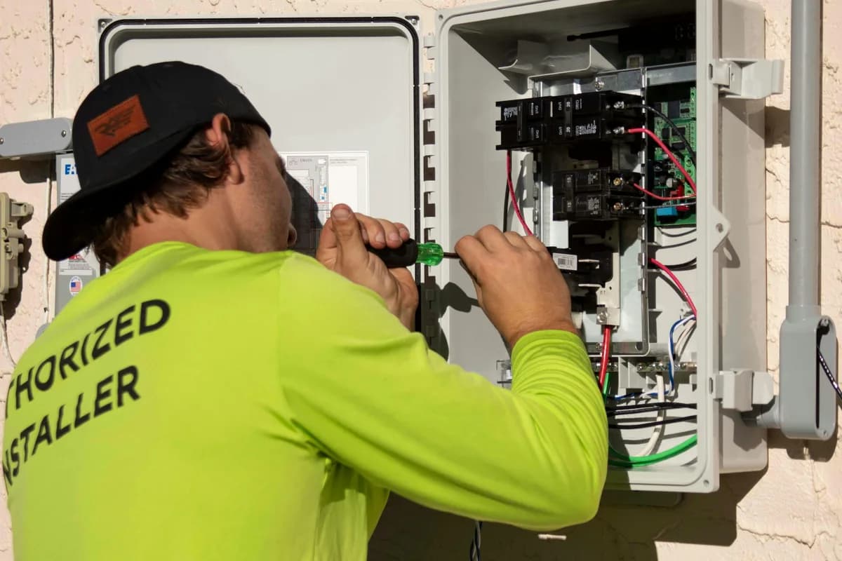Electrician testing wiring at a consumer unit in a UK property