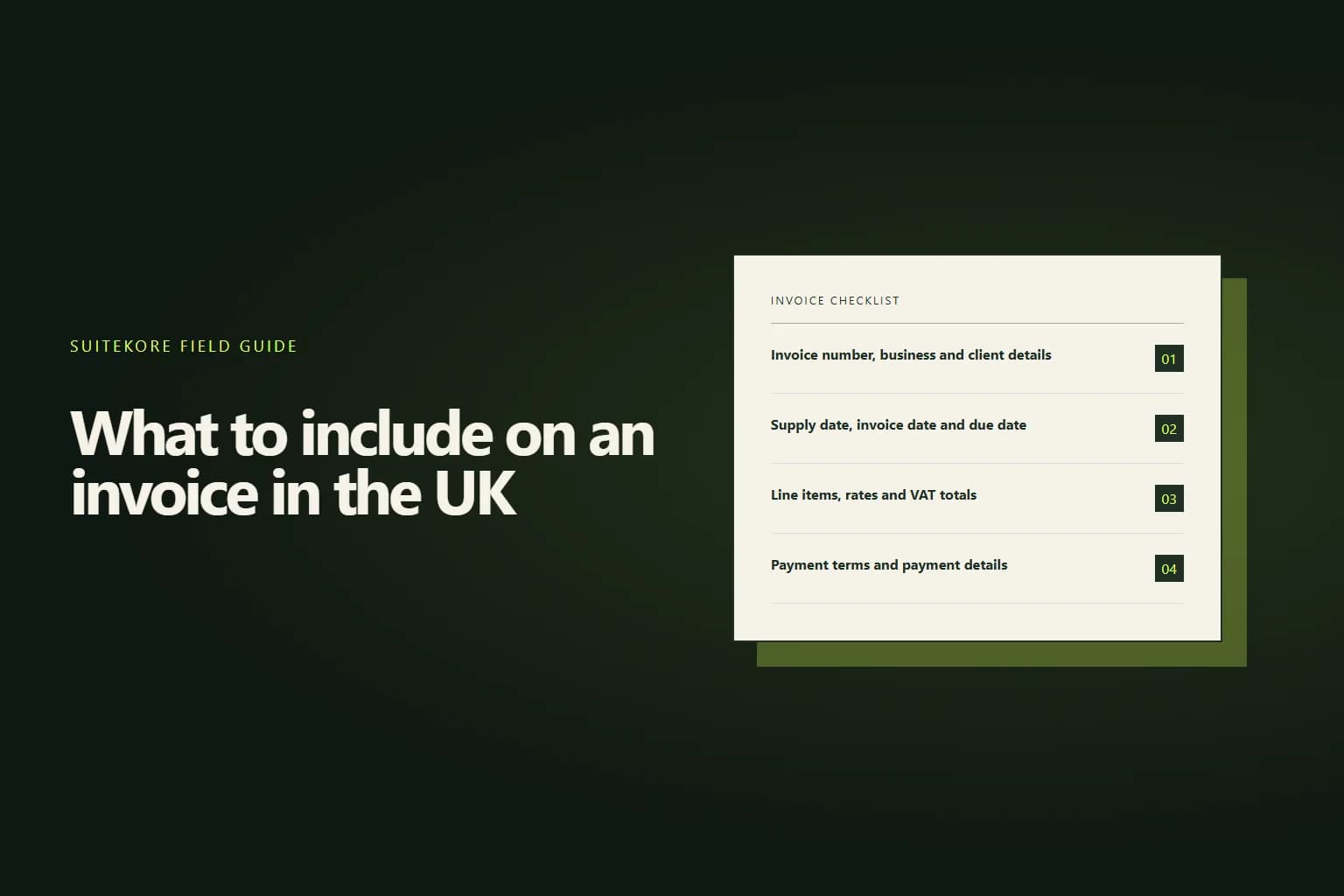 Editorial card listing the required parts of a UK invoice including invoice number, business details, supply date, line items and VAT total