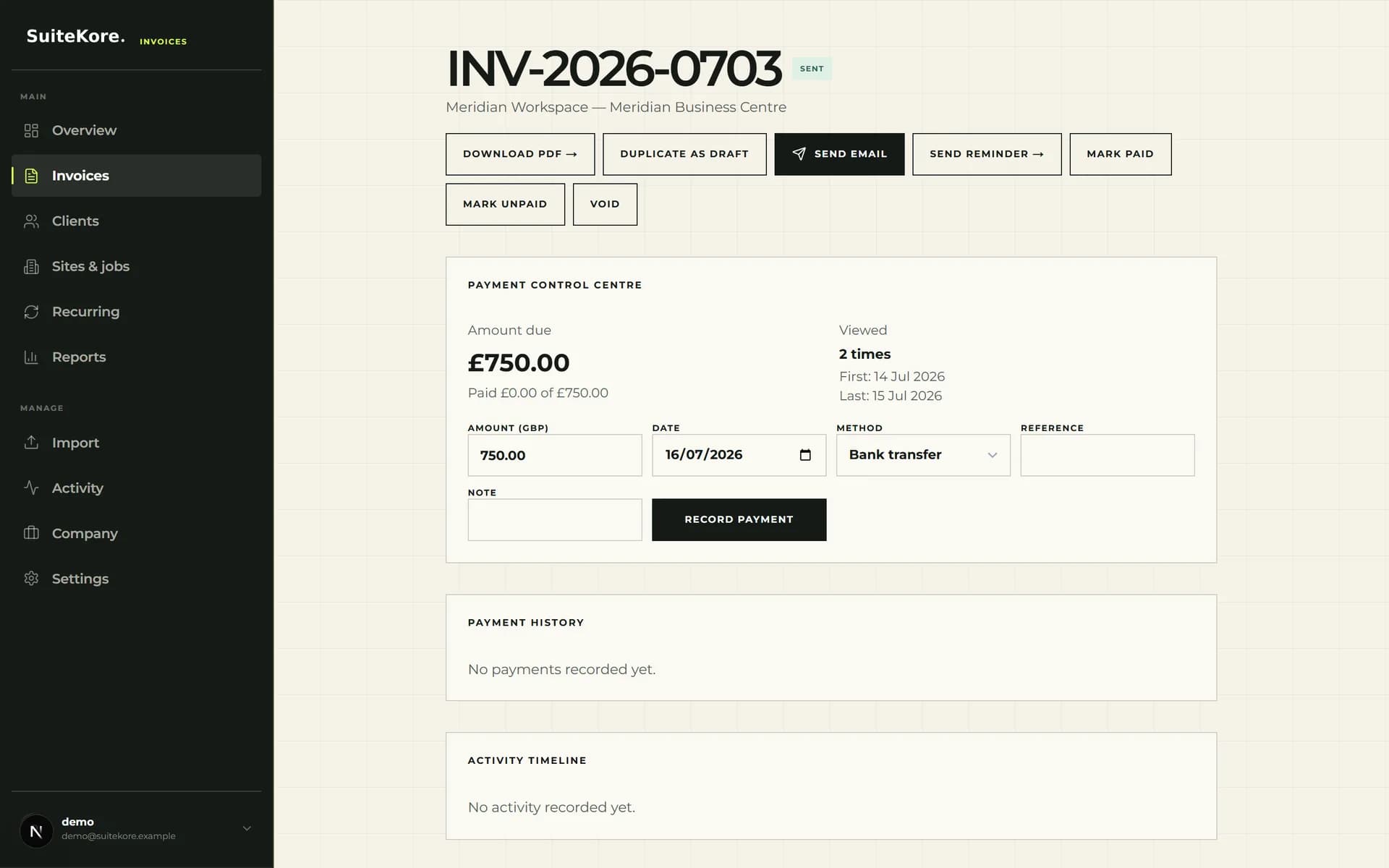 Cleaning invoice detail page with client, site, amount, status, reminder, PDF, and payment actions