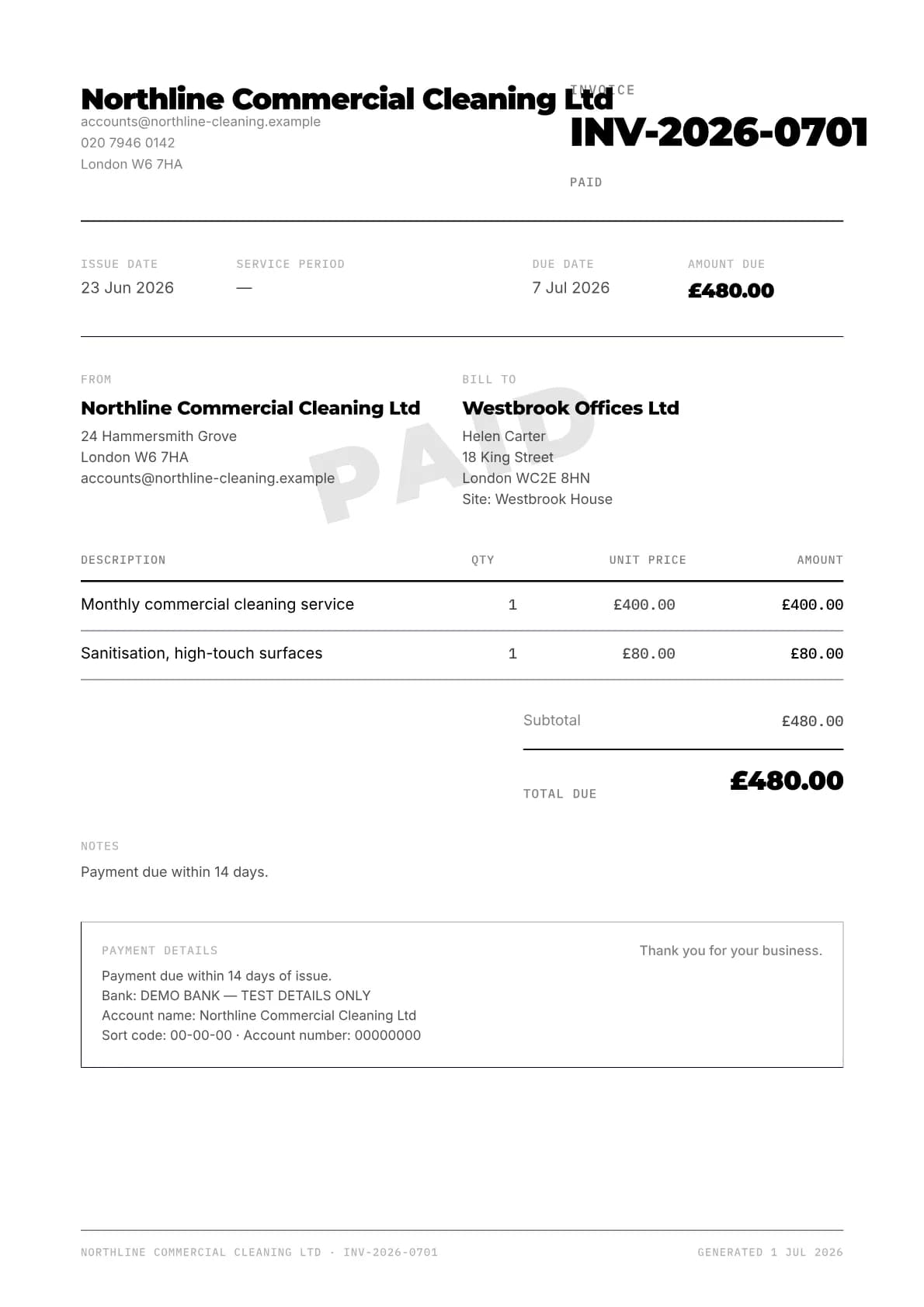 Suitekore branded PDF invoice for a service business